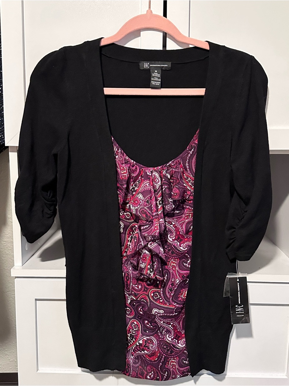 NWT INC International Concepts Royal Paisley Ruffle Top Women’s Size M